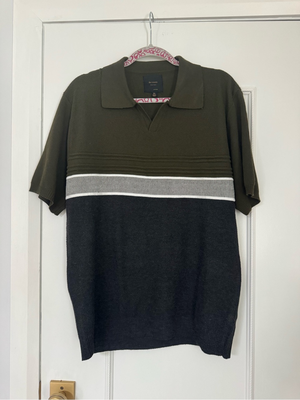 Two-Tone Knit Polo Shirt - Olive & Charcoal with White Stripe
